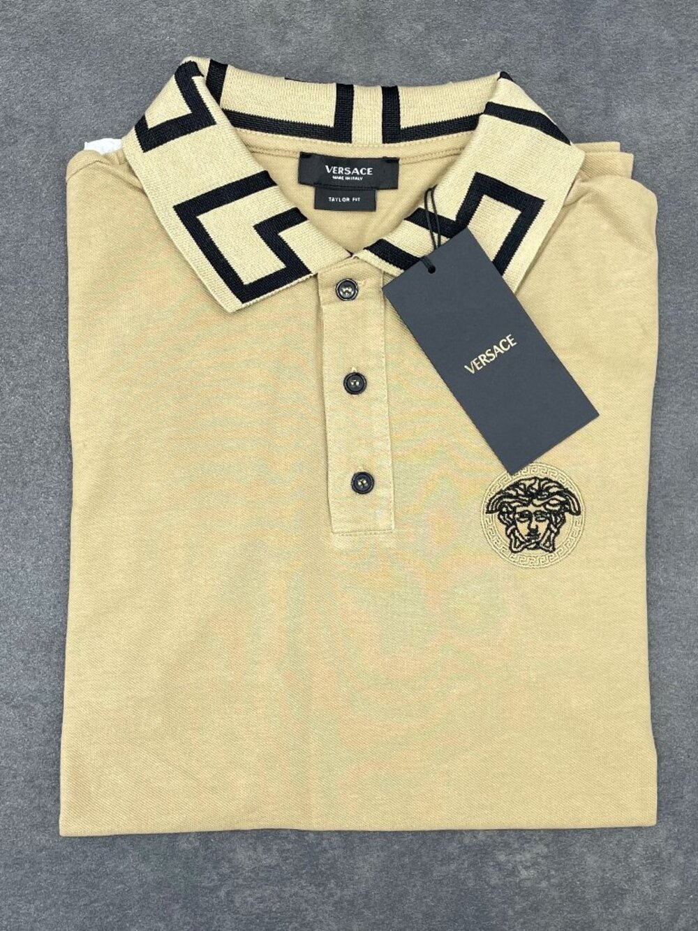 Versace Menโs Beige Medusa Polo Shirt Tailor Fit- Size XL